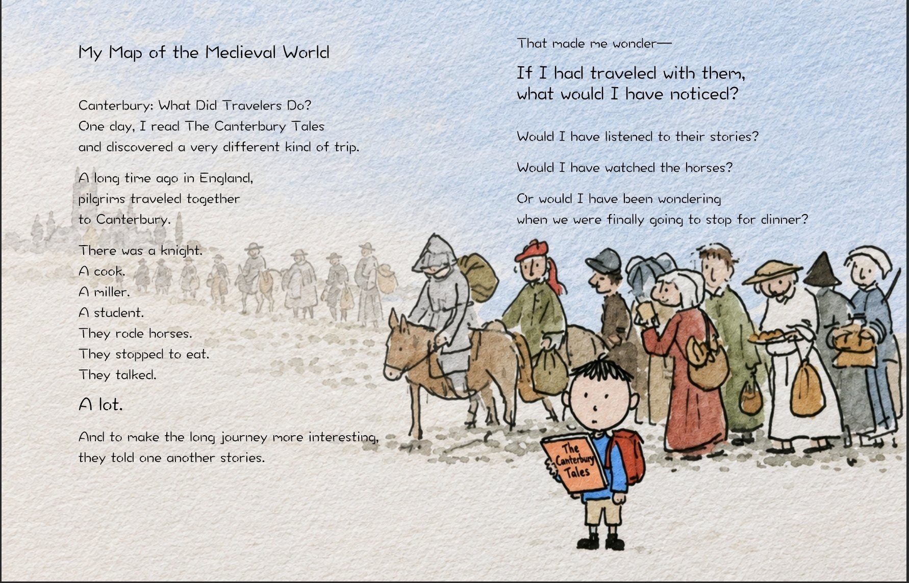 Picture book spread: My Map of the Medieval World, with the Canterbury pilgrims