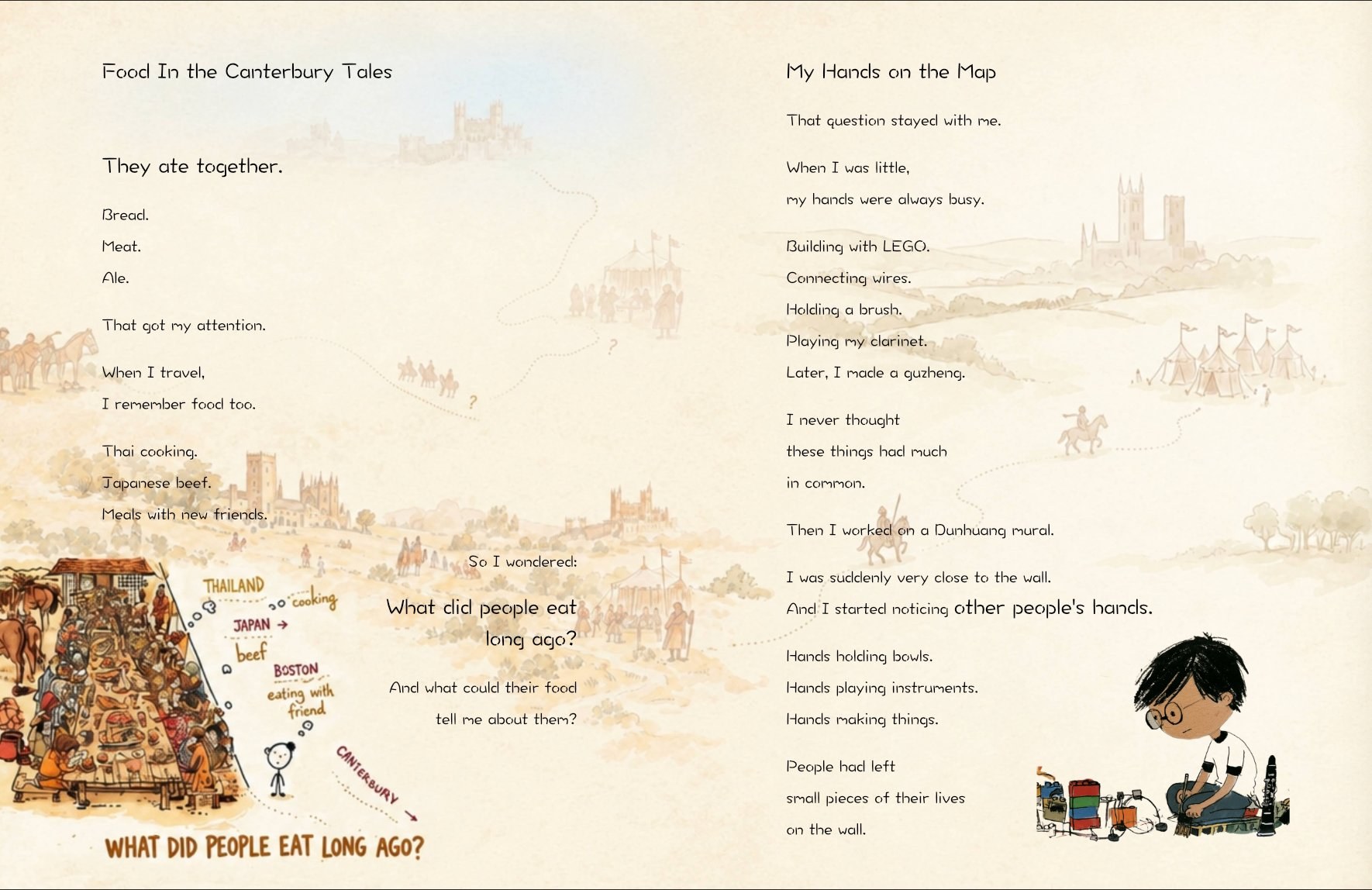 Picture book spreads: Food in the Canterbury Tales, and My Hands on the Map