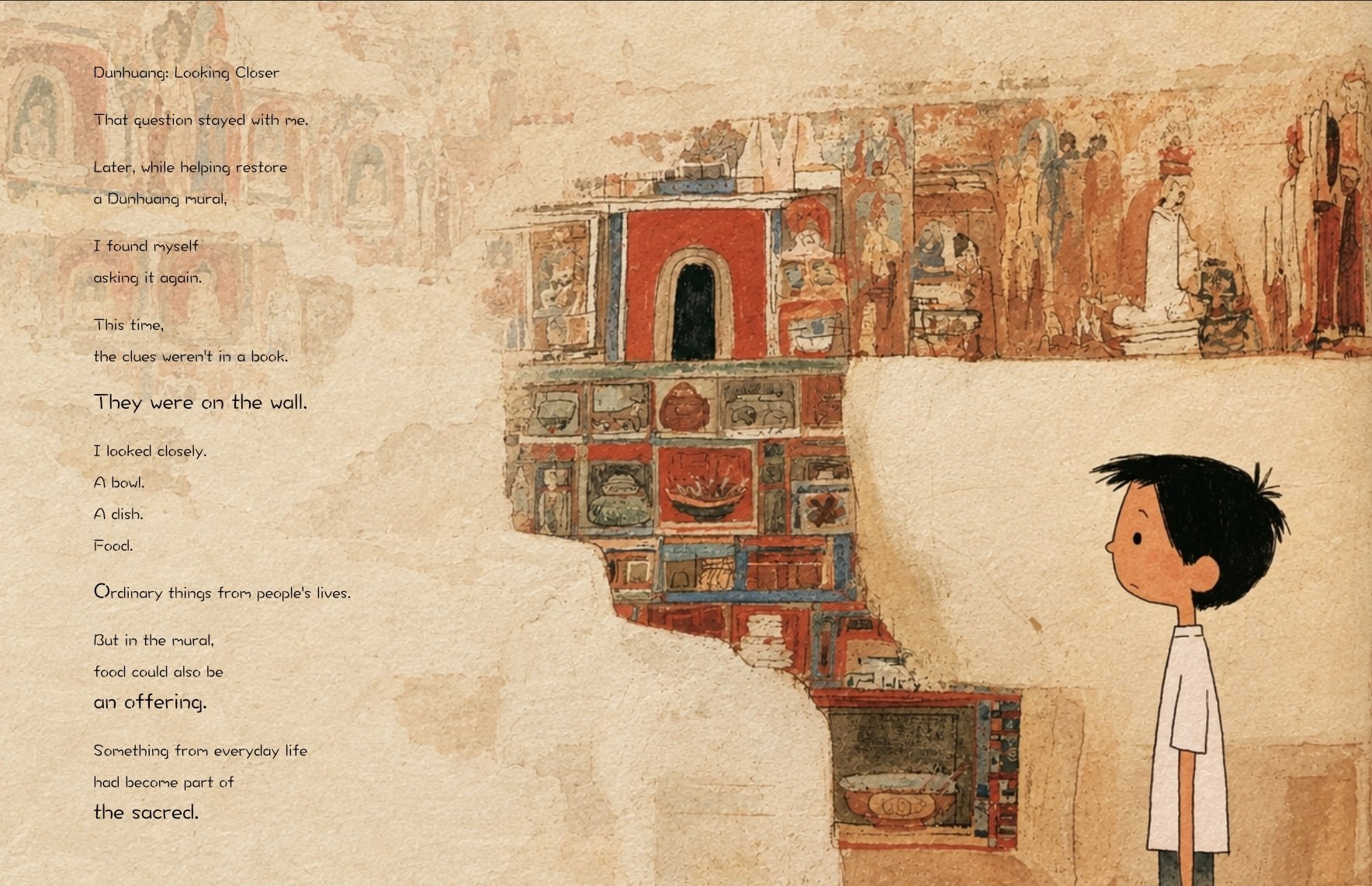 Picture book spread: Dunhuang, Looking Closer, the boy facing the mural wall