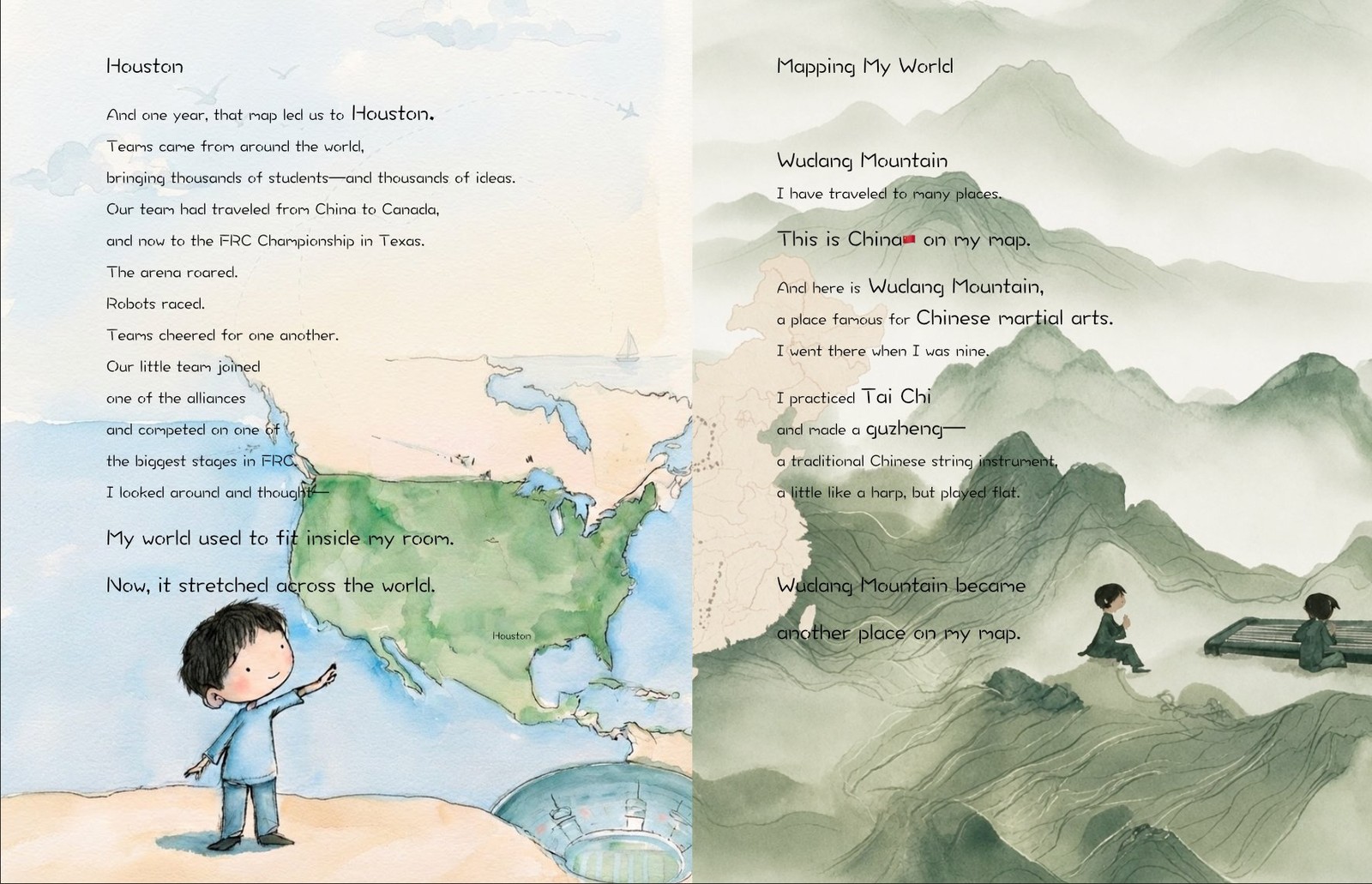 Houston and Wudang Mountain spreads from the picture book