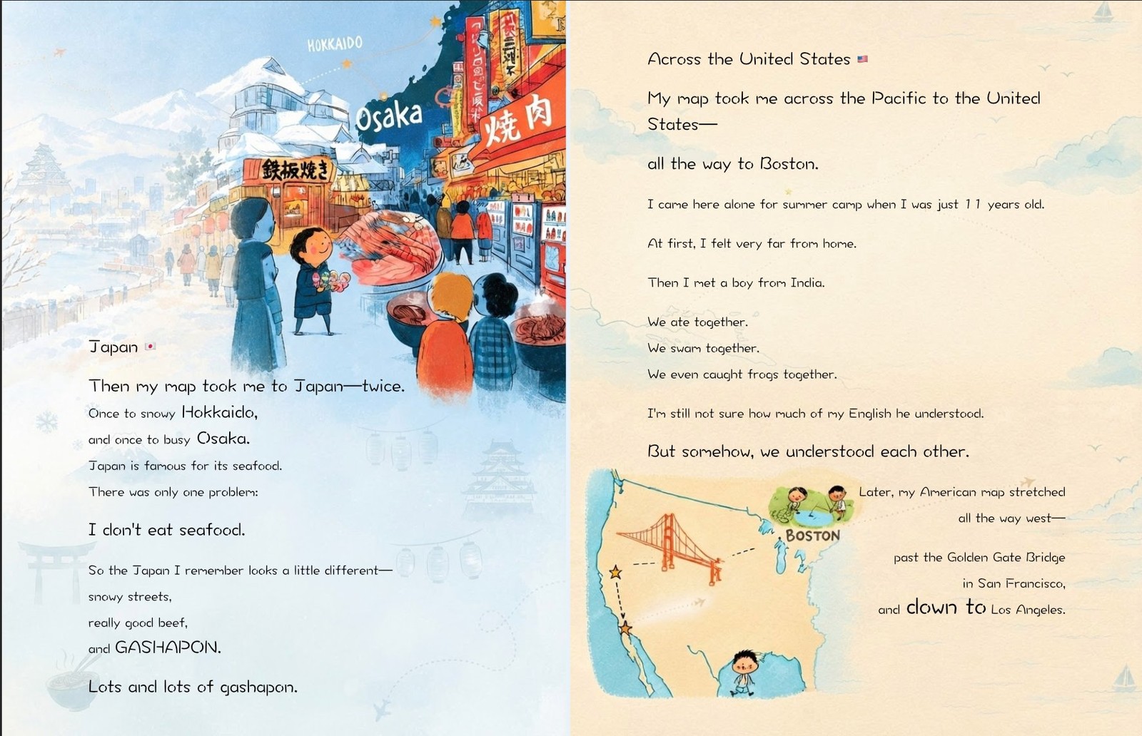 Japan and Across the United States spreads from the picture book