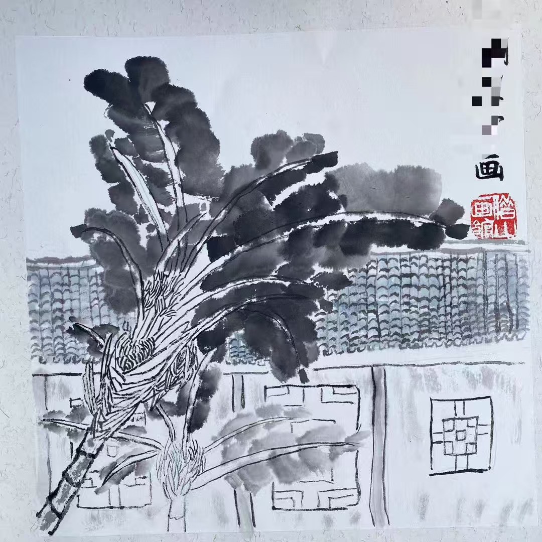 Ink painting: banana plant beside a tiled house, painted from life
