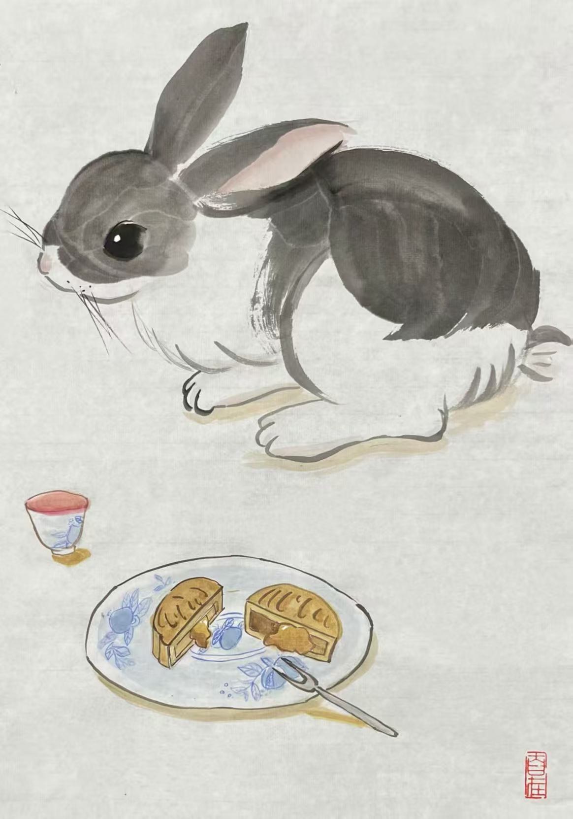 Watercolour: a rabbit with mooncakes