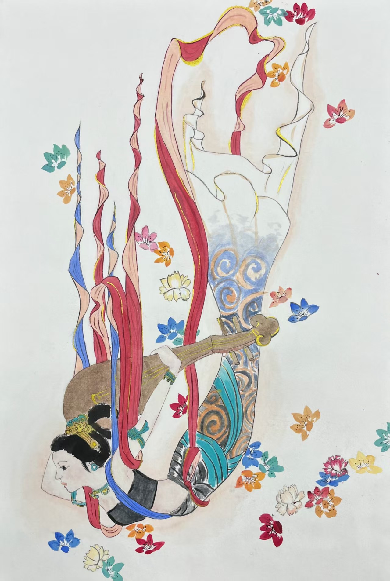 Ink painting: a flying apsara playing the pipa behind her back, after the Dunhuang murals