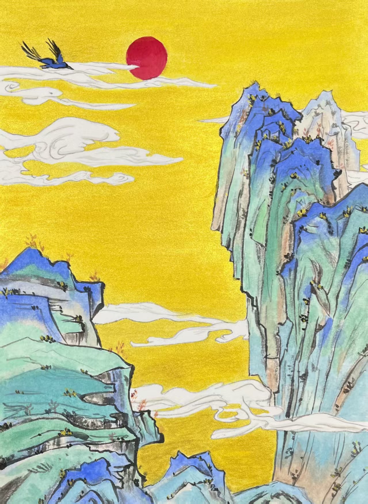 Ink painting: blue-and-green landscape with a red sun on a gold ground