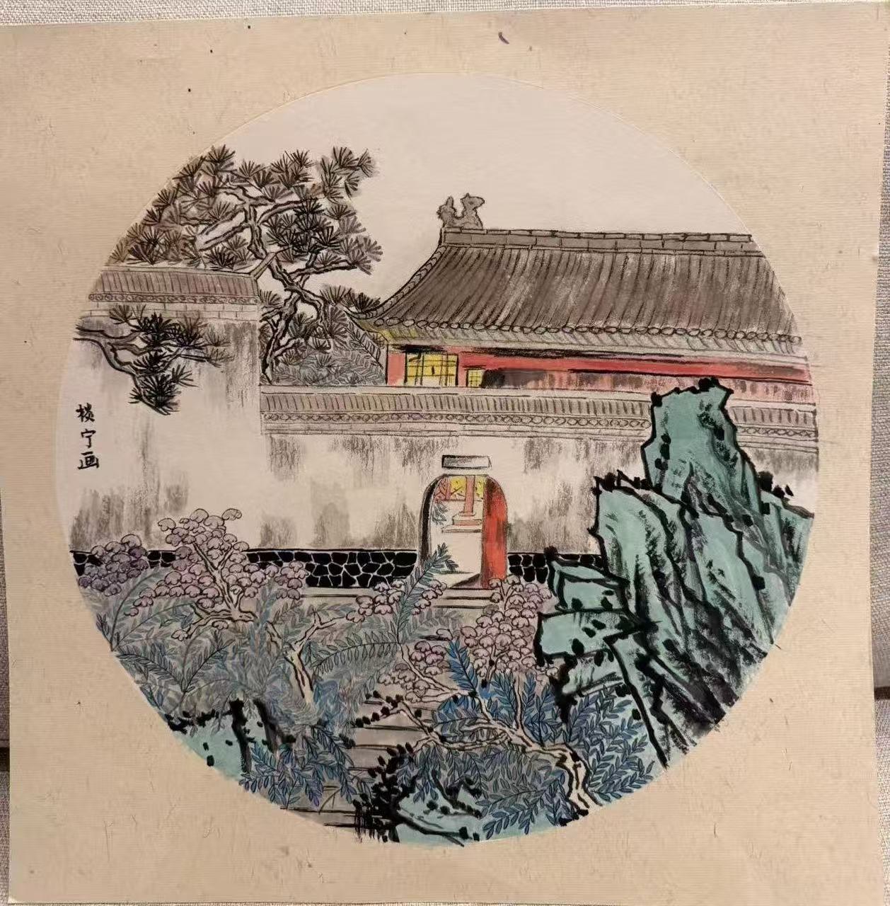 Round fan painting: a temple gate and courtyard with pines, flowering shrubs and a scholar's rock