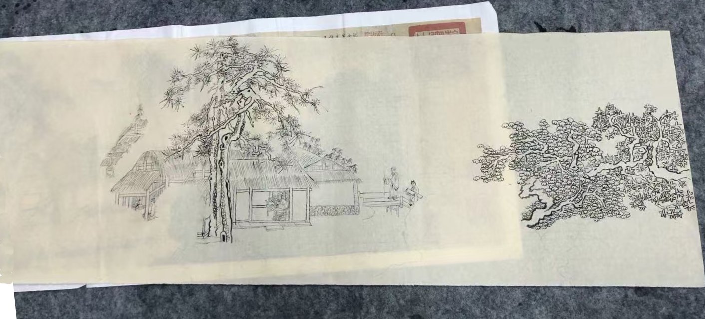 Step 1 of the scroll copy: light outline of rocks, pines and a thatched cottage