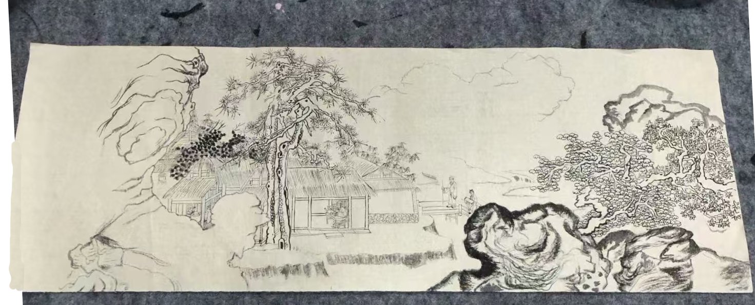 Step 2 of the scroll copy: texture strokes and first washes over the outline