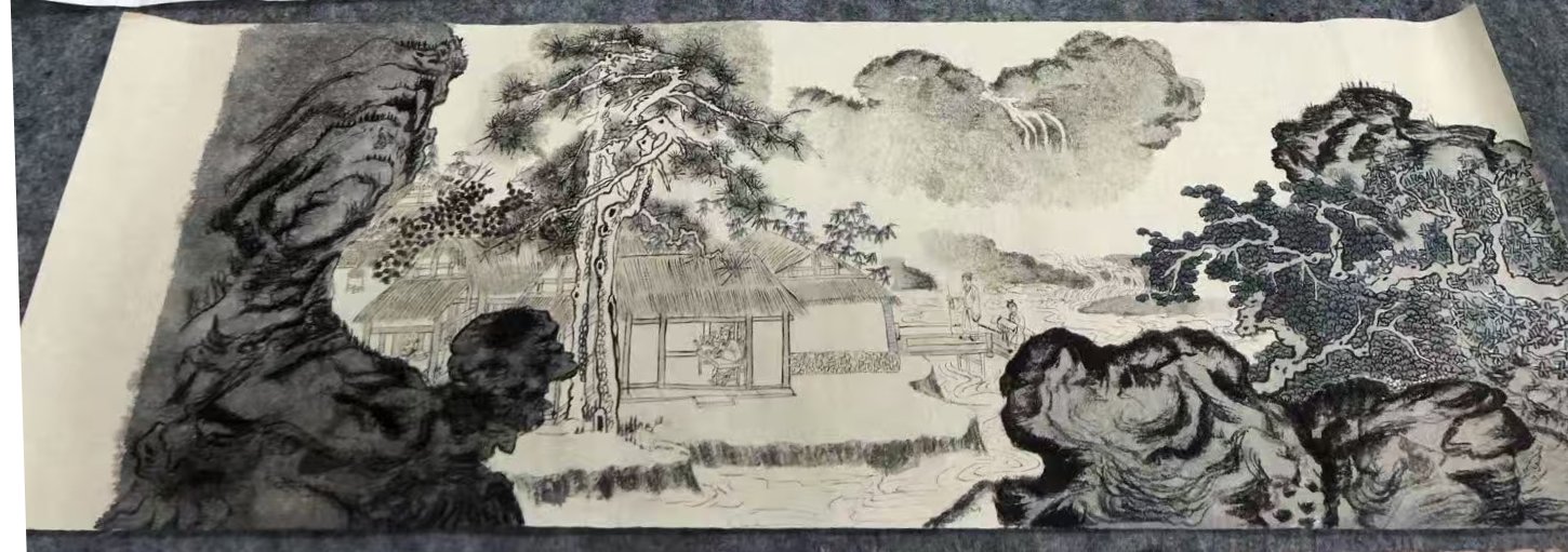 Step 3 of the scroll copy: layered ink completing the landscape scroll
