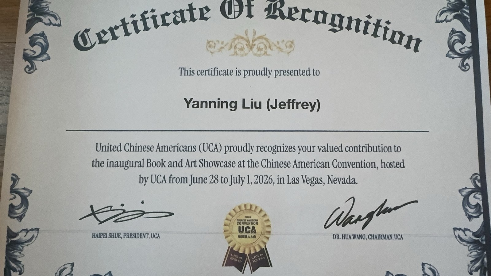 Certificate of Recognition from the inaugural UCA Book and Art Showcase, Las Vegas 2026