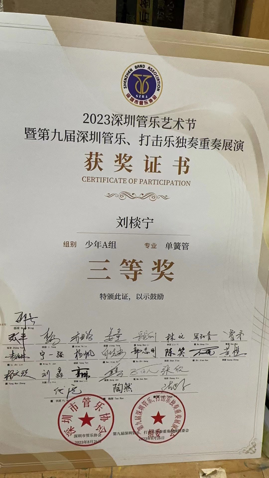 2023 Shenzhen Wind Music Festival clarinet solo third prize certificate