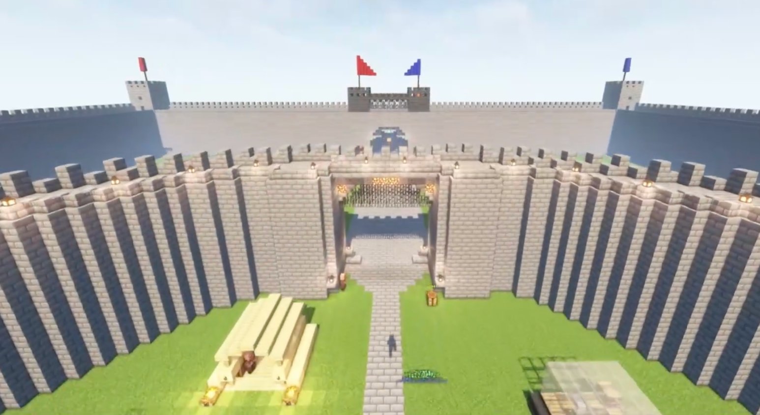 Screenshot of the Minecraft server's custom-built city walls and gate