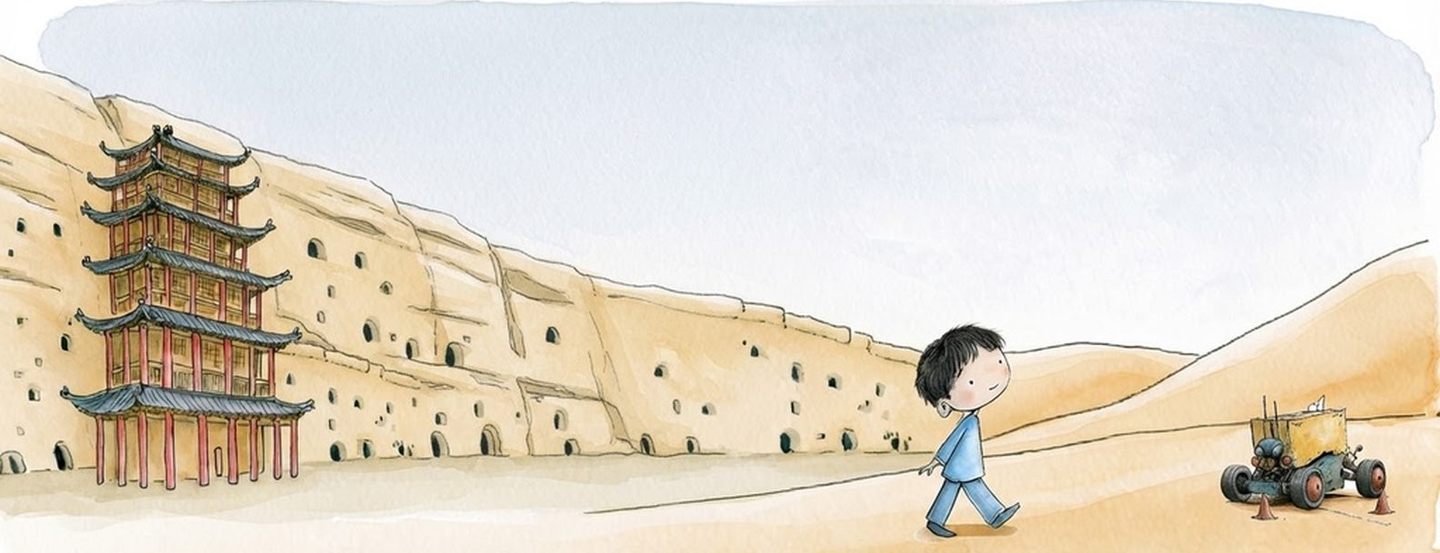 Watercolor illustration: a boy walks from the Mogao Nine-Storey pagoda toward a small robot in the desert