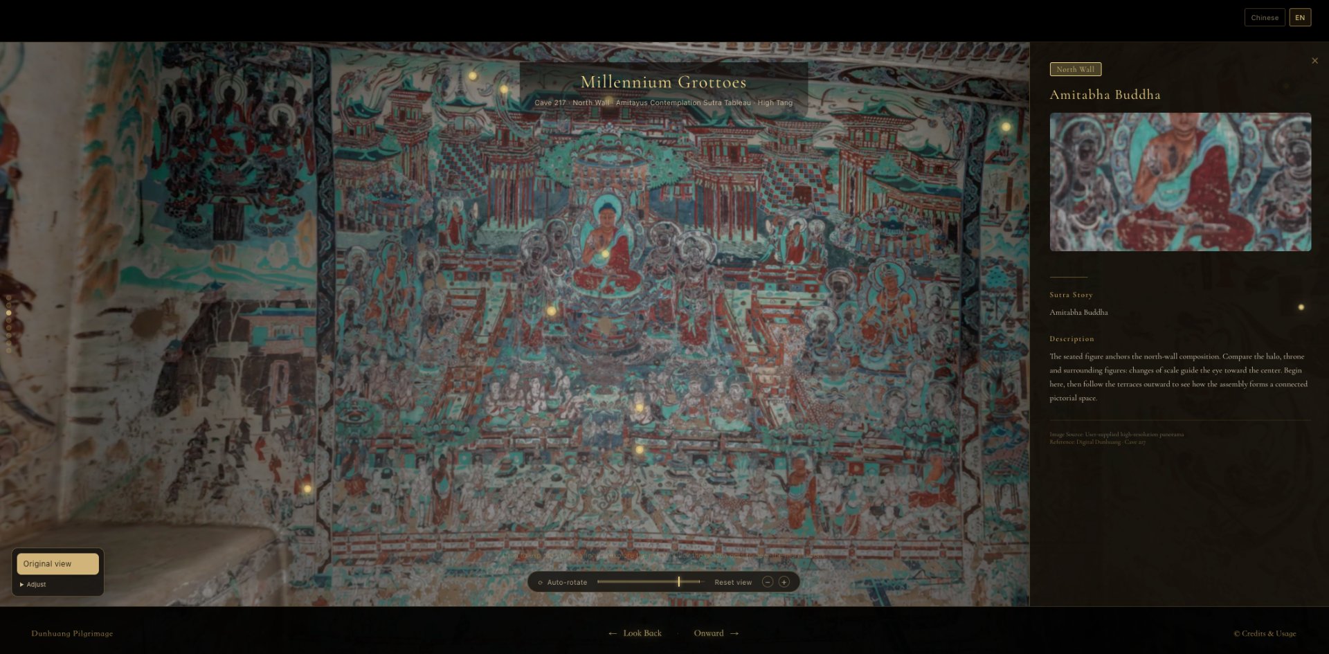 Screenshot of my Dunhuang site's 3D reconstruction of Cave 217, showing the north-wall Amitabha Sutra Tableau from the High Tang period