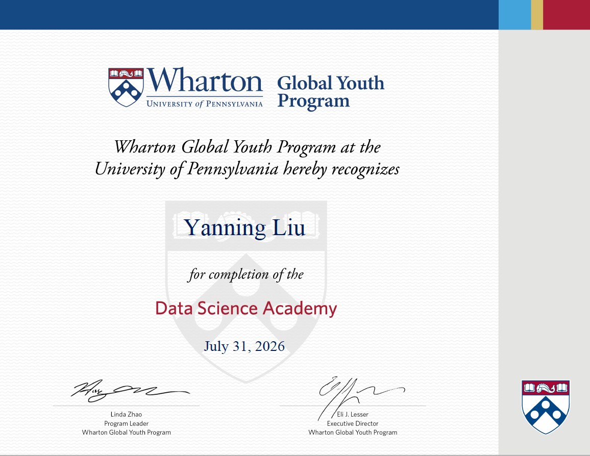 Wharton Global Youth Program Data Science Academy certificate of completion, July 2026