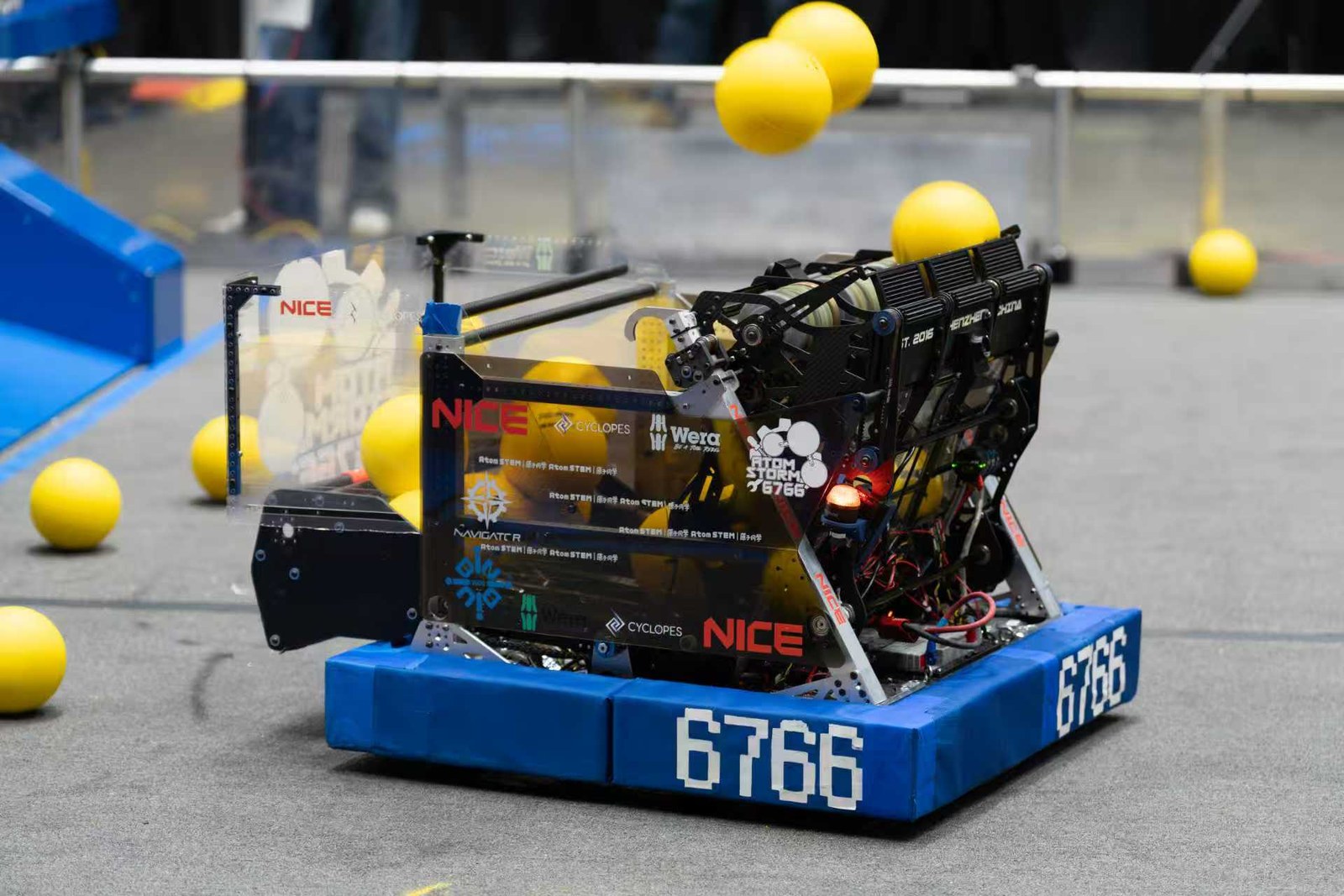 Robot 6766 on the playing field during the 2026 REBUILT season